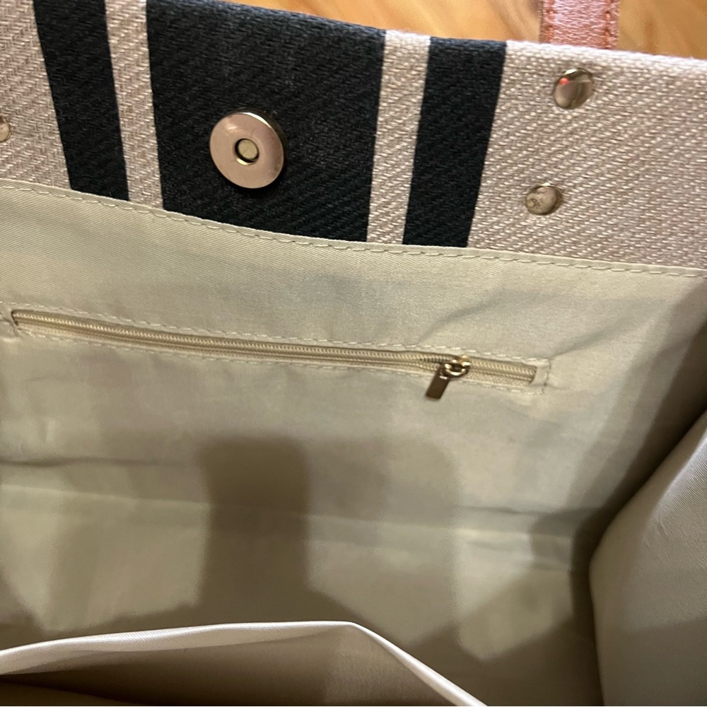 Structured Canvas Tote Bag Neutral Stripe Commuter & Beach Bag Tan/Black - Picture 7 of 10